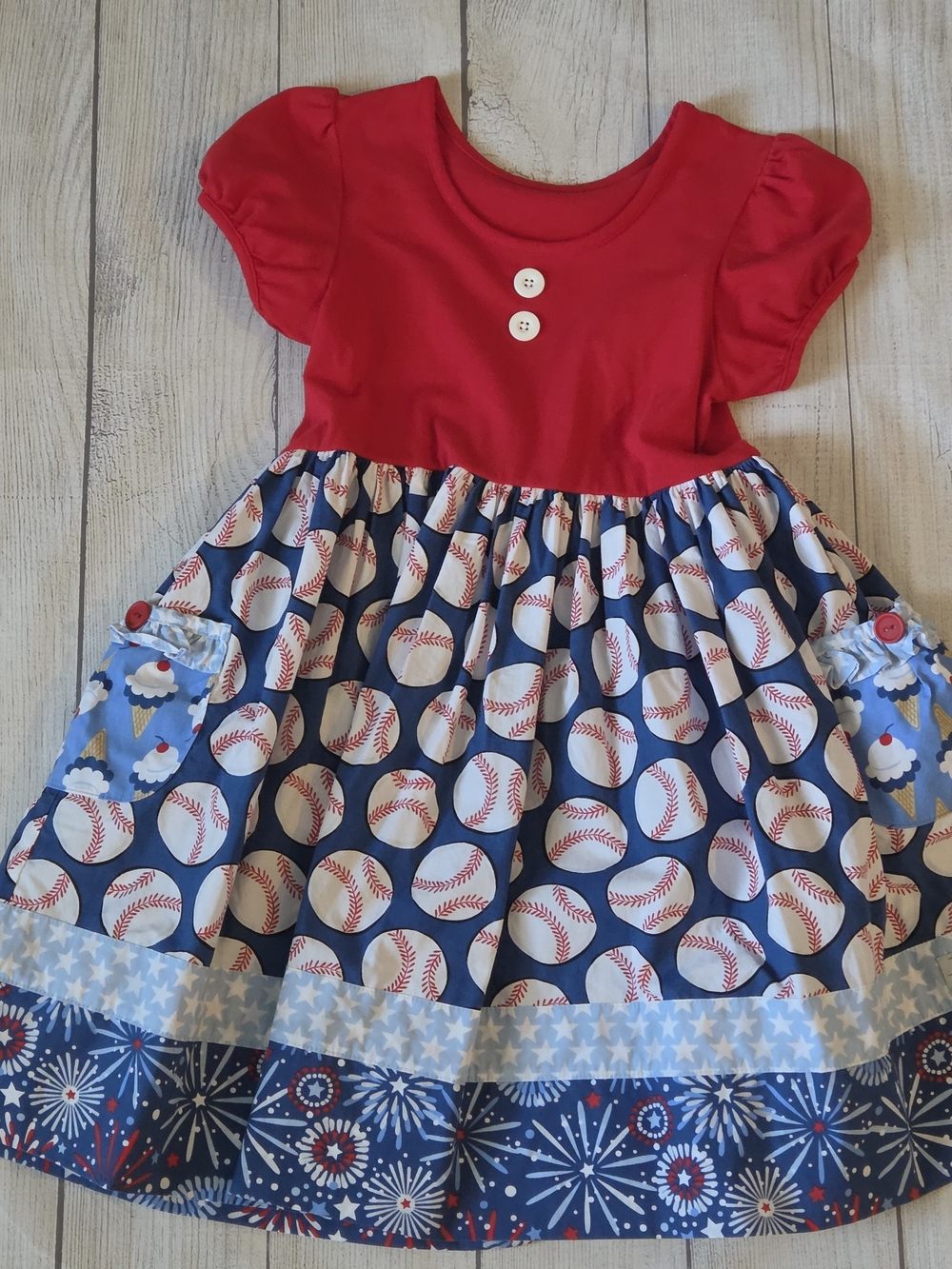 Girls' Red Top Navy Baseball-Print Casual Dress